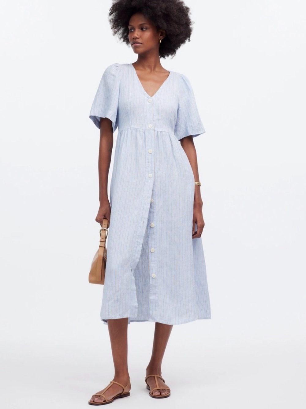 Madewell Linen Light Blue Stripe Button-Front Midi Dress size S